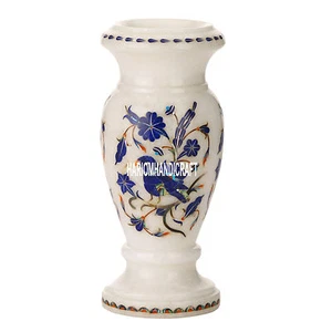 7''x3" White Marble Flower Vase Lapis Birds Floral Arts Inlay Home Gifts H3609   - Picture 1 of 5
