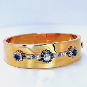 Antique Old Euro Cut OEC Diamond Sapphire Bangle Bracelet 14K Gold European - Picture 1 of 8