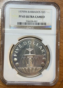 1979 -FM BARBADOS SILVER $5 DOLLARS NGC PF 65 ULTRA CAMEO - Picture 1 of 2