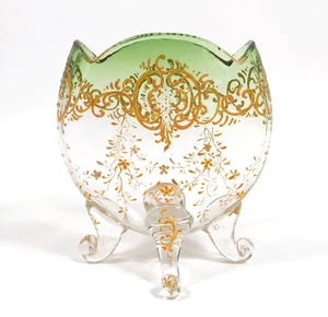 Antique 1885 Moser Bohemian Clear to Green Pillow Vase Raised Gold Floral - Picture 1 of 6
