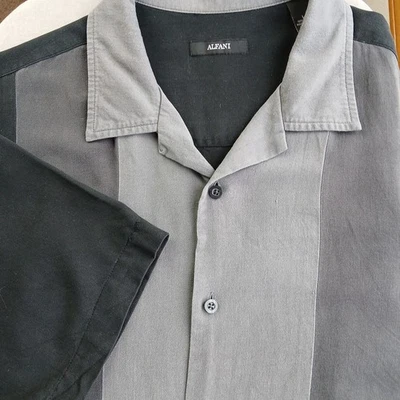 Alfani Silk Button Up Bowling Shirt Men's Large short sleeve black grey neutral  - Image 1 of 4
