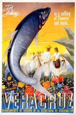 Veracruz México música pesca década de 1940 pôster de viagem arte de parede especialista impressão - Imagem 1 de 4