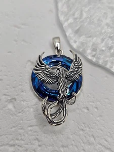 Collana Fenice Argento Sterling 925 Ciondolo Cristallo Blu Amuleto Uccellino Risorto - Foto 1 di 3