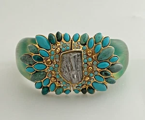 Alexis Bittar Hinged Lucite Bangle Bracelet Green Gold Faux Turquoise Swarovski - Picture 1 of 7