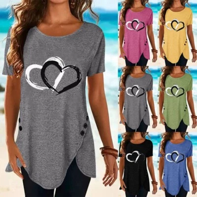 Women Tunic Long Tops Summer Short Sleeve Blouse Ladies Casual T Shirt Plus Size - Image 1 of 4