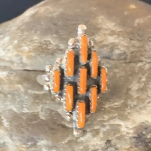 Orange Spiny Oyster Cluster Navajo Sterling Silver Ring Size 8.5 11924 - Picture 1 of 12