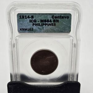 1914-S 1 Centavo ICG MS 64 BN Brown Uncirculated Unc Philippines US Coin One USA