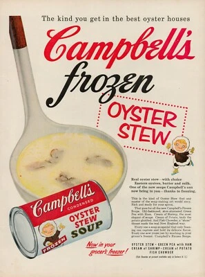 1955 Campbell's Oyster Stew Frozen Estampa Vintage Anúncio Verde Ervilha Ensopado Presunto Creme EUA - Imagem 1 de 4
