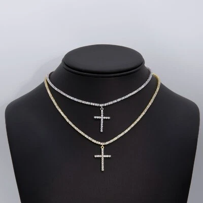 Shiny Tennis Chain Necklace with Dangle Cross Sterling Silver 925 - Image 1 of 2