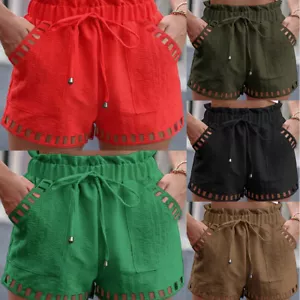 Women Shorts Linen Cotton Summer Casual Elastic Waist Hollow Pants Beach Sports - Picture 1 of 19