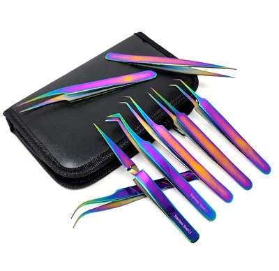 OR Set of 8 Piece Stainless Steel Multi Rainbow Color Eyelash Extension Tweezers - Image 1 of 3