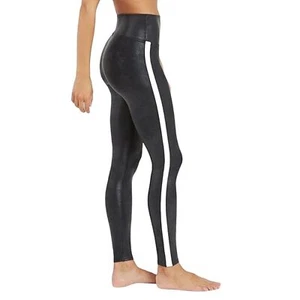 SPANX black leather look spandex black leggings with white tuxedo stripe L - Picture 1 of 12