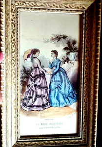 Framed Ladies Fashion Plate Print 1850's Dresses VTG La Mode Illustree Paris - Picture 1 of 5