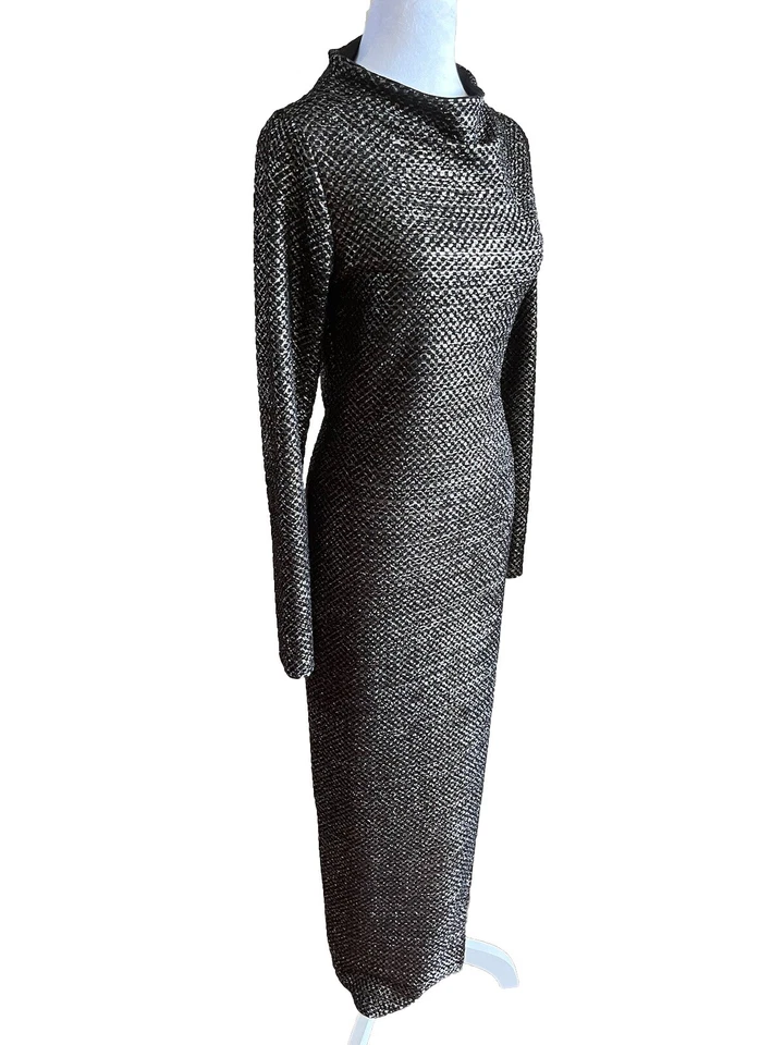 MONACO USA Black & Silver Column Dress Size XS Mock Neck High Slit Vintage 70’s - Image 1 of 4