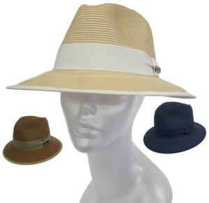  Straw Braid Fedora Hat with grosgrain band packable unisex Brown Navy  Natural  - Picture 1 of 8