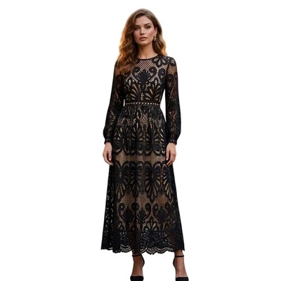 Maxi Vestido Shein Negro Encaje Mujer XL Manga Larga Transparente Crochet Superposición Noche Foto 1 de 4