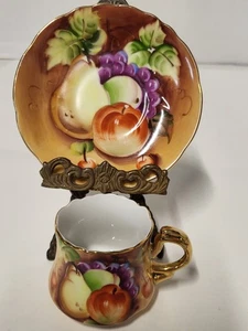 MINT Vintage Lefton China Handpainted Fruit & Gold Gilt Demitasse Cup & Saucer - Picture 1 of 24