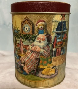 Vintage Frohe Weihnachten Dose 5" H 4" W Zylinder Behälter Santa ruhender Elfenbaum - Bild 1 von 7