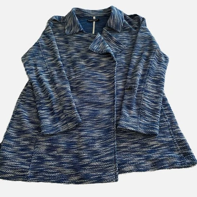 Bagatelle Knit Jacket Blue Tweed   Drape Front  Size L Cotton Blend Roll Sleeves - Image 1 of 4