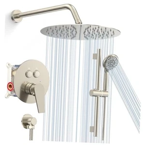 Shower System: 10 Inch Rainfall Shower Head with Brushed Nickel 10"Round - Picture 1 of 7
