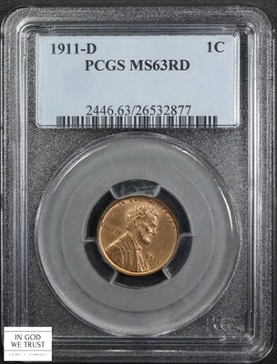 1911 D RED Lincoln Wheat Copper Cent 1C PCGS MS 63 RD - Image 1 of 4