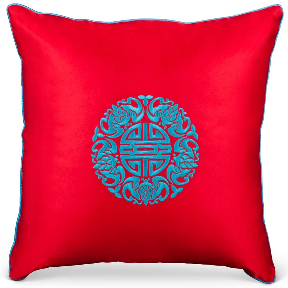 VENDEDOR DE EE. UU. - Almohada china medallón longevidad Shou rojo y turquesa Foto 1 de 3