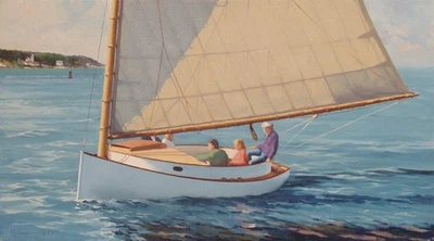 A. THOMPSON Original Lighthouse Seascape Cat Boat Oil Painting CAT OFF WEST CHOP - Image 1 of 2