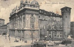 1725 CARTOLINA TORINO PALAZZO MADAMA ANIMATA TRAM VIAGGIATA 1909 FORLI' - Picture 1 of 2