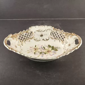 Cesta de porcelana ovalada grande alemana intrincada reticulada antigua 13,5"x8,5" - Imagen 1 de 11