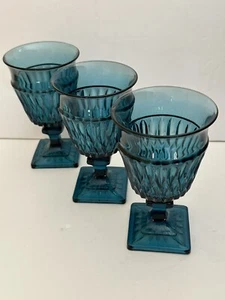 Vintage Indiana Glass Mt. Vernon Blue Square Footed Goblets Set 3 Teal - Picture 1 of 24