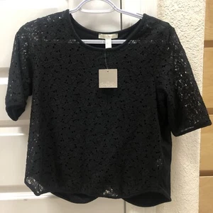 NWT Anthropologie WESTON WEAR Black Split Back Lace Front Short Sleeve Small - Picture 1 of 12