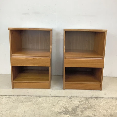 Vintage Modern Two Tier Teak Nightstands With Drawer Cover