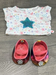 Build A Bear BAB SHOES Top Shirt Rainbow Metallic Rhinestone Stars Pink Blue Lot - Picture 1 of 4