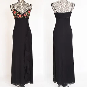De Laru Long Black Dress with Embordered Flowers and Ruffle Detail Size 7/8 - Picture 1 of 8