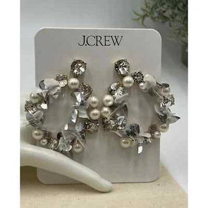 J. Crew White Pearl Sequins And Crystal Hoop Door Knocker CZ Bling Earrings New - Picture 1 of 12