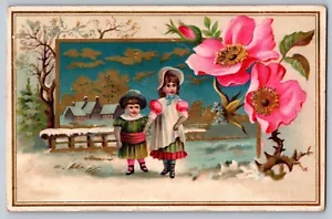 Viktorianische Sammelkarte, Kinder Schneeszene & Blumengrafiken - leere Rückseite - Bild 1 von 2