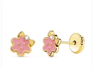 Pendientes oro 18k 750 Mls. Cierre Rosca. Circonita. Flor Esmalte Rosa 6,5 MM. - Imagen 1 de 3