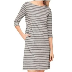 Garnet Hill Striped Organic Cotton Dress 3/4 Sleeve Bateau Neck Gray Size 10 - Picture 1 of 7