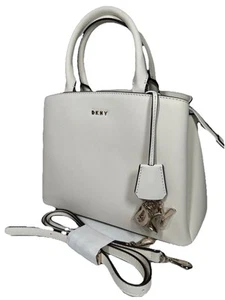 DKNY Paige Medium Satchel Crossbody White Bag Purse Key Chain Logo NWOT - Picture 1 of 18