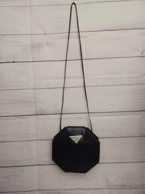 Vintage Kenneth Jay Lane Faux Leather Shoulder Bag Purse Black Rhinestones Italy - Image 1 of 4