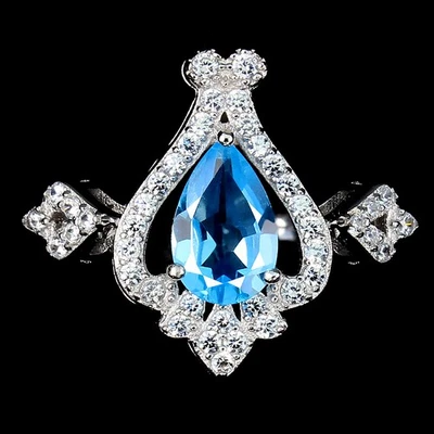 925 Sterling Silver Ring Pear Swiss Topaz 8x5mm Simulated Cz Gemstone 7.5 - Image 1 of 4