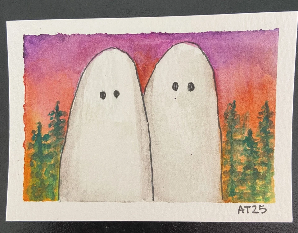 Tarjeta de arte de acuarela y tinta original Ghost Couple at Sunset ACEO Foto 1 de 1