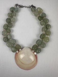 Vintage Green Chalcedony ? Bead Necklace Shell Pendant Statement Boho Jewelry - Picture 1 of 18