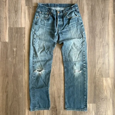 Levis 501 Jeans Adult 27x28 Blue Red Tab Denim Medium Wash Straight Faded Men - Image 1 of 4