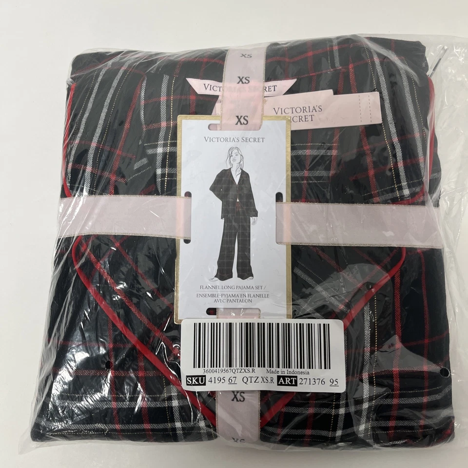 Victoria's Secret Pajama Set Long Sleeve & Flannel Pants Black & RED X Small - Image 1 of 1