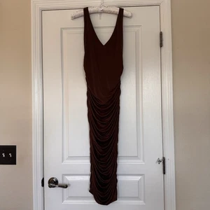 Akira Brown Ruched Midi Dress Size Medium Bodycon Coffee Chocolate - Picture 1 of 7