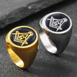 Men's Oval Masonic Signet Ring Stainless Steel Black Enamel Masonic Biker Ring - Picture 1 of 6