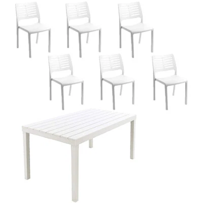 Set 6 Sedia con braccioli e tavolo da giardino in resina bianca effetto legno pe - Immagine 1 di 4