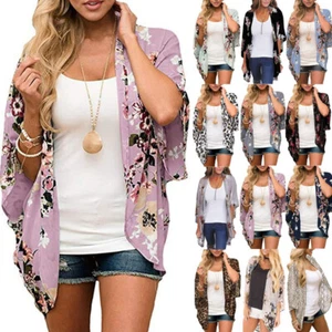 Women Holiday Beach Boho Floral Cardigan Bell Sleeve Kimono Summer Cover Up Tops - Picture 1 of 27