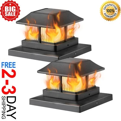 BRANDED 2 Pcs Outdoor Flame Light Solar Post Deck Fence Cap Waterproof Flickering Lights